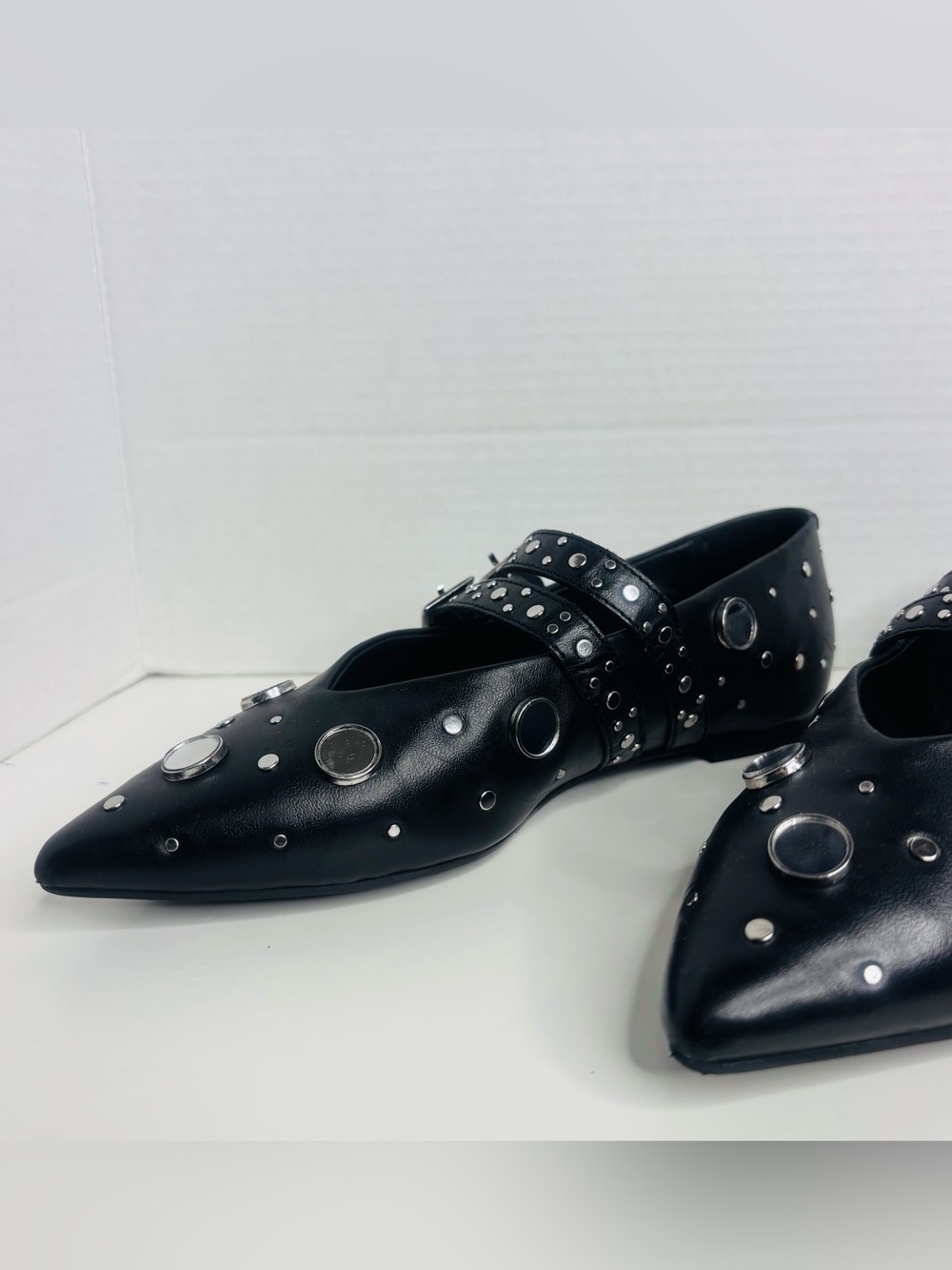 Free People Black Pointed Toe Double-Buckle Stud Flats - Picture 4 of 10